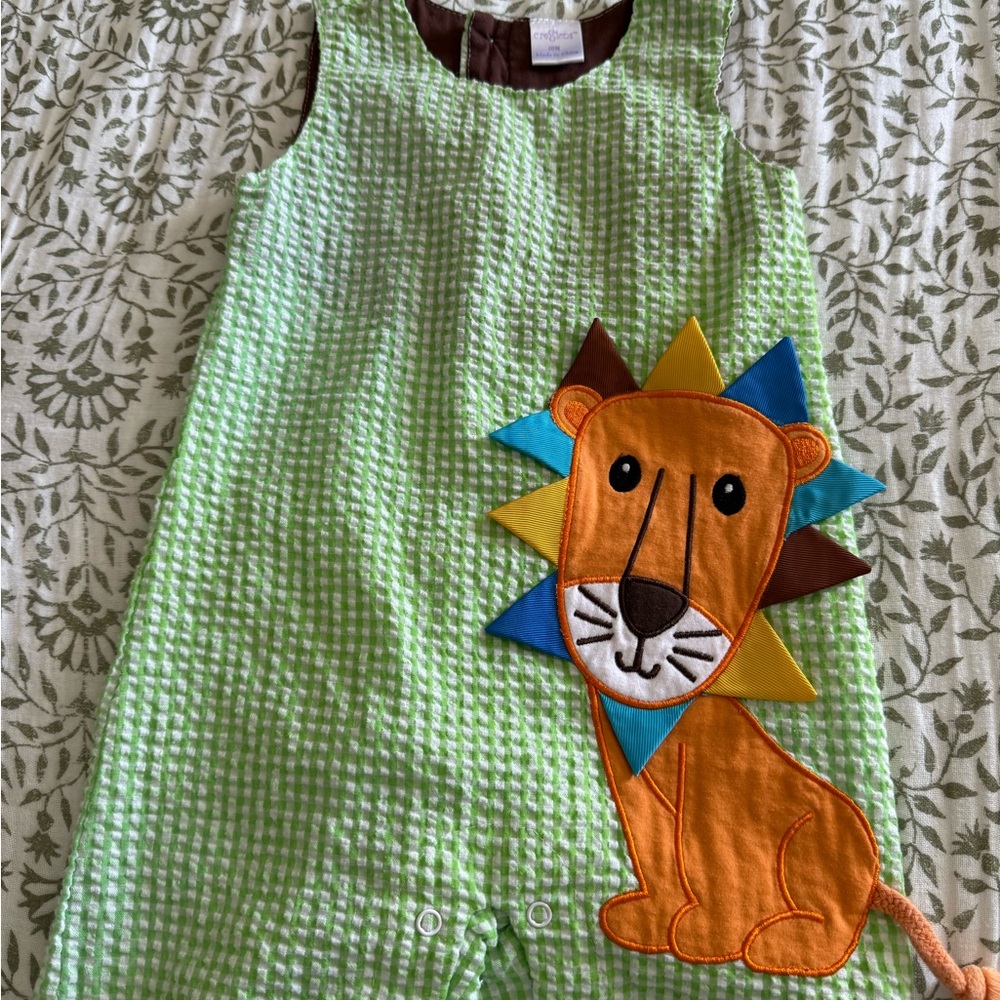 Green Gingham Baby Romper with Lion Appliqué